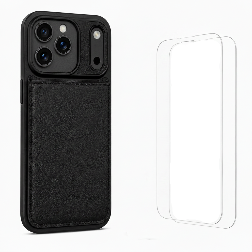 For iPhone 17 Pro Back Wallet Case with Card Holder Kickstand Black + 2 x Tempered Glass Screen Protectors Bundle