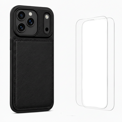 For iPhone 17 Pro Back Wallet Case with Card Holder Kickstand Black + 2 x Tempered Glass Screen Protectors Bundle