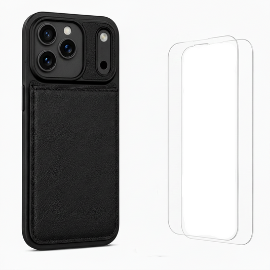 For iPhone 17 Pro Back Wallet Case with Card Holder Kickstand Black + 2 x Tempered Glass Screen Protectors Bundle