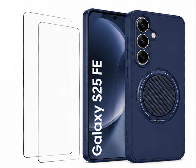 For Samsung Galaxy S25 FE Blue Magsafe Spin Grip Phone Case + 2 Pack 9H Tempered Glass Screen Protectors