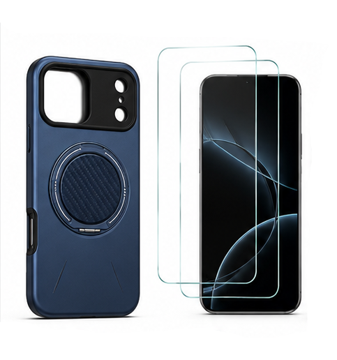 For iPhone 17 Pro MagSafe Blue Spin Grip Ring Stand Case + 2 Pack Tempered Glass Screen Protectors | Shockproof Protective Cover