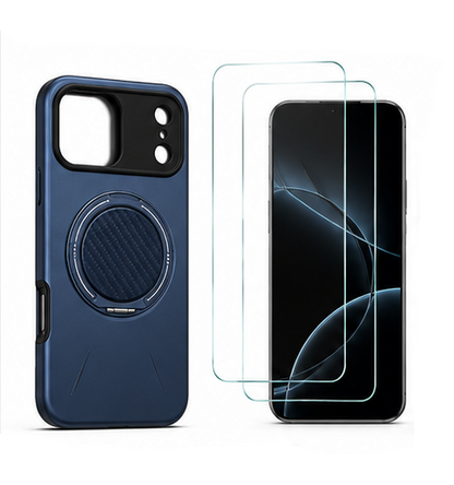 For iPhone 17 Pro MagSafe Blue Spin Grip Ring Stand Case + 2 Pack Tempered Glass Screen Protectors | Shockproof Protective Cover
