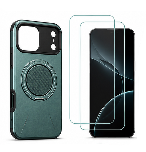 For iPhone 17 Pro MagSafe Dark Green Spin Grip Ring Stand Case + 2 Pack Tempered Glass Screen Protectors | Shockproof Protective Cover