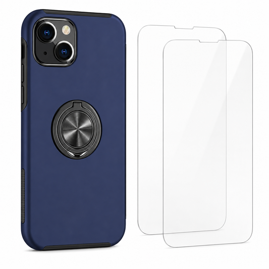 For iPhone 13 Magnetic Ring Stand Shockproof Blue Phone Case + 2x Tempered Glass Screen Protectors