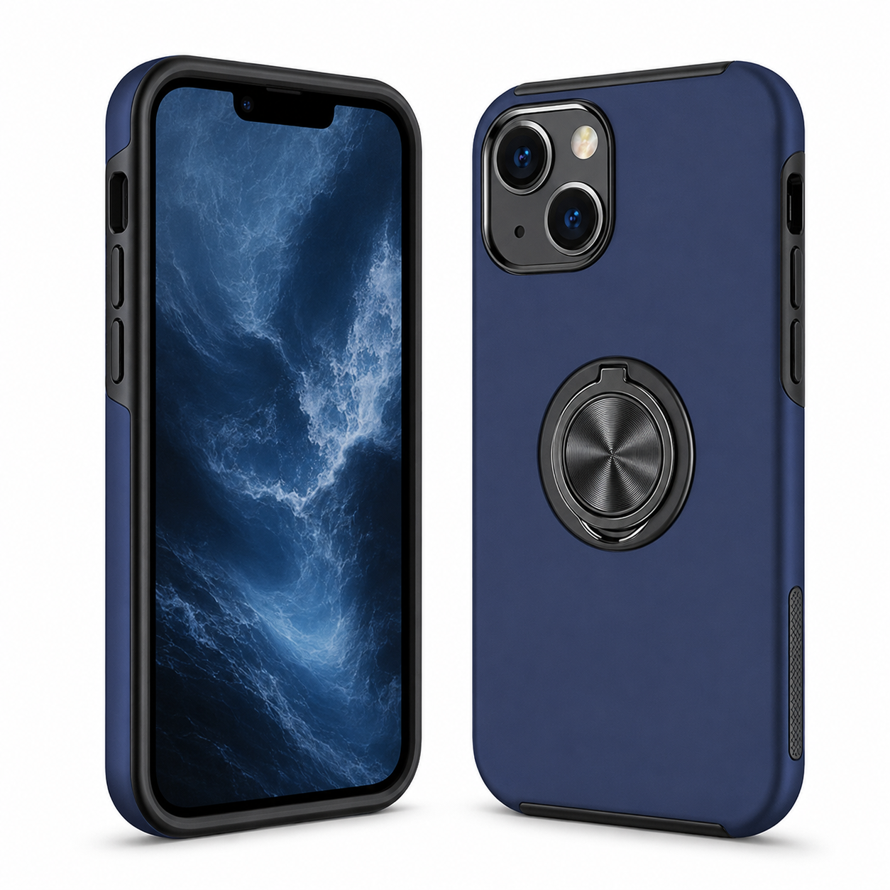 For iPhone 15 Magnetic Ring Stand Shockproof Blue Phone Case + 2x Tempered Glass Screen Protectors
