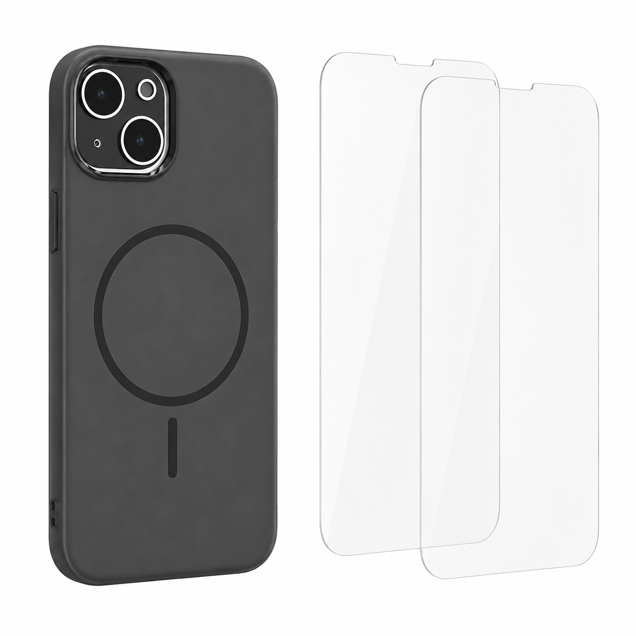For iPhone 13 Magsafe  Silicone Space Grey Case + 2 x Tempered Glass Protectors