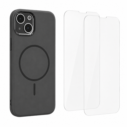 For iPhone 13 Magsafe  Silicone Space Grey Case + 2 x Tempered Glass Protectors