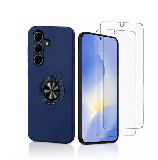 For Samsung Galaxy S24 FE Protective Navy Blue Ring Holder Case + 2 Pack Tempered Glass Screen Protectors | Shockproof Full Protection
