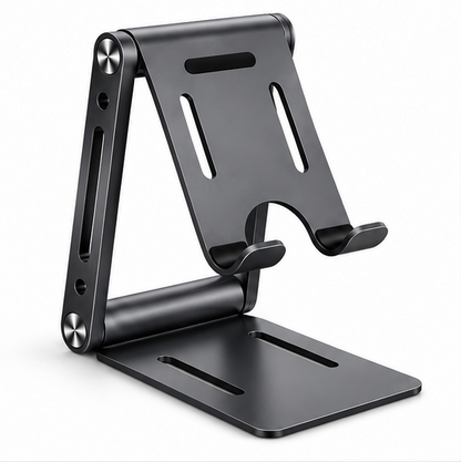Adjustable Foldable Phone & Tablet Stand – Portable Metal Desktop Holder with Non-Slip Base, Multi-Angle Viewing, Black