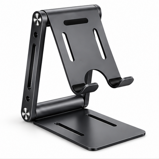Adjustable Foldable Phone & Tablet Stand – Portable Metal Desktop Holder with Non-Slip Base, Multi-Angle Viewing, Black