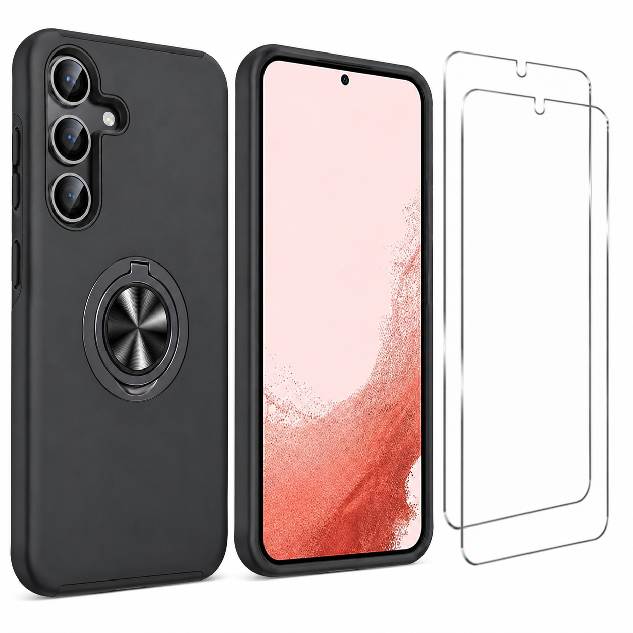 For Samsung Galaxy A26 Black Magnetic Ring Stand Shockproof Phone Case + 2x Tempered Glass Screen Protectors