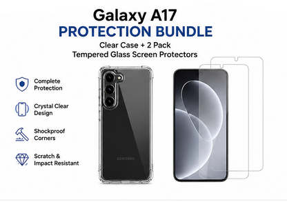 For Samsung Galaxy A17 Protective Clear Case with 2 Tempered Glass Screen Protectors | Shockproof Cover Bundle