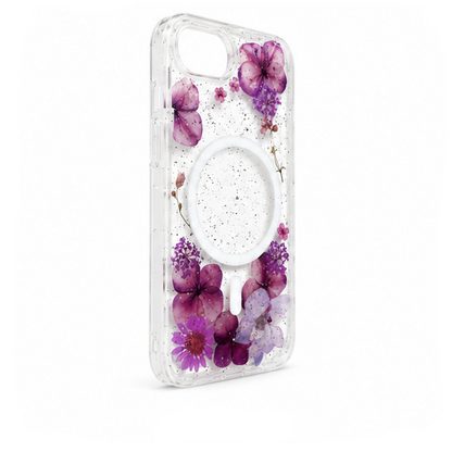 For iPhone 17e Magsafe Floral Clear Case – Purple Flower Glitter Shockproof Protective Cover