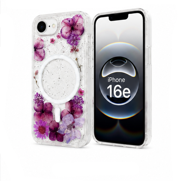 For iPhone 16e Magsafe Floral Clear Case – Purple Flower Glitter Shockproof Protective Cover