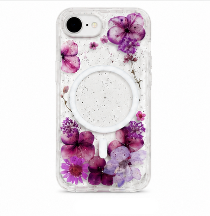 For iPhone 17e Magsafe Floral Clear Case – Purple Flower Glitter Shockproof Protective Cover