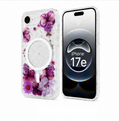 For iPhone 17e Magsafe Floral Clear Case – Purple Flower Glitter Shockproof Protective Cover