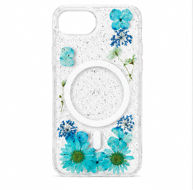 For iPhone 17e Magsafe Floral Clear Case – Blue Flower Glitter Shockproof Protective Cover