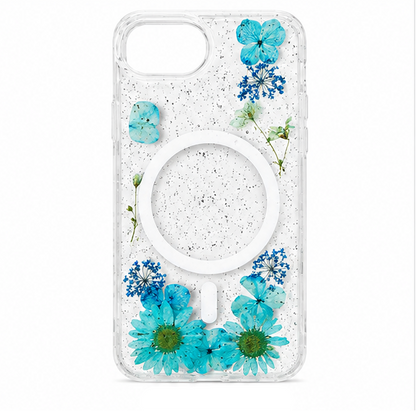 For iPhone 17e Magsafe Floral Clear Case – Blue Flower Glitter Shockproof Protective Cover