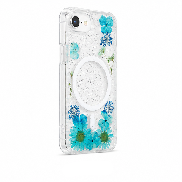 For iPhone 17e Magsafe Floral Clear Case – Blue Flower Glitter Shockproof Protective Cover