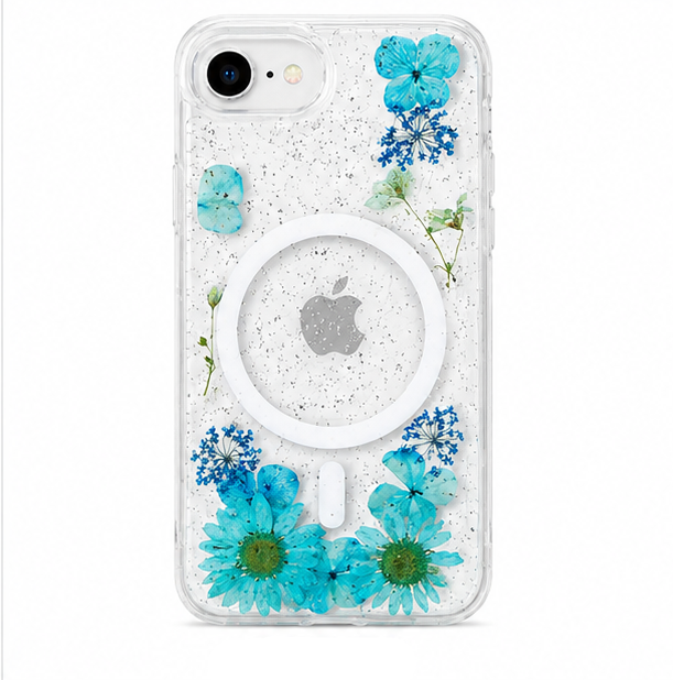 For iPhone 17e Magsafe Floral Clear Case – Blue Flower Glitter Shockproof Protective Cover