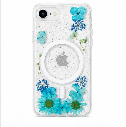 For iPhone 17e Magsafe Floral Clear Case – Blue Flower Glitter Shockproof Protective Cover