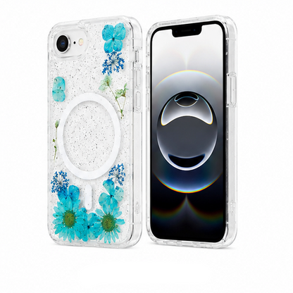 For iPhone 17e Magsafe Floral Clear Case – Blue Flower Glitter Shockproof Protective Cover