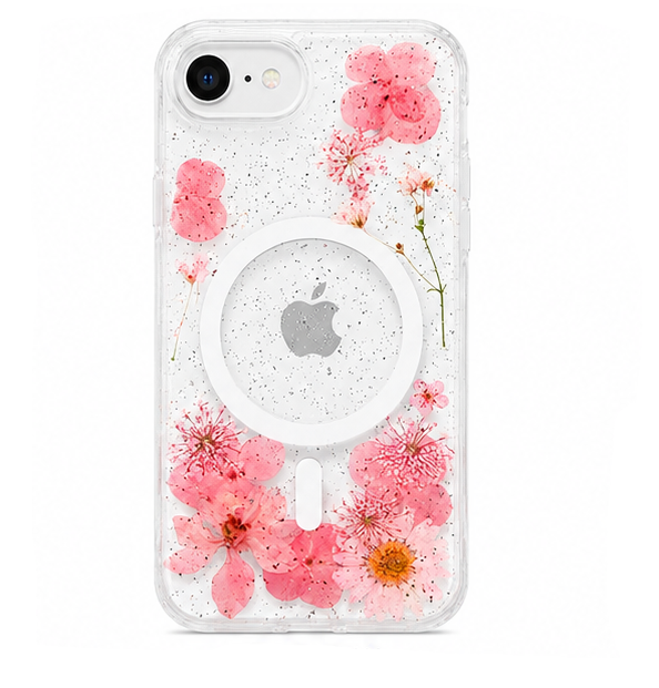 For iPhone 16e Magsafe Floral Clear Case – Pink Flower Glitter Shockproof Protective Cover
