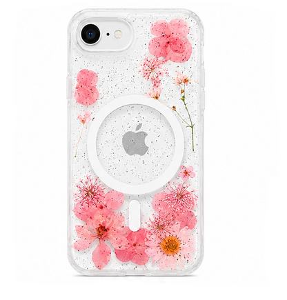 For iPhone 16e Magsafe Floral Clear Case – Pink Flower Glitter Shockproof Protective Cover