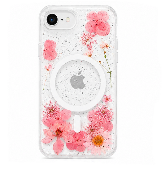 For iPhone 17e Magsafe Floral Clear Case – Pink Flower Glitter Shockproof Protective Cover