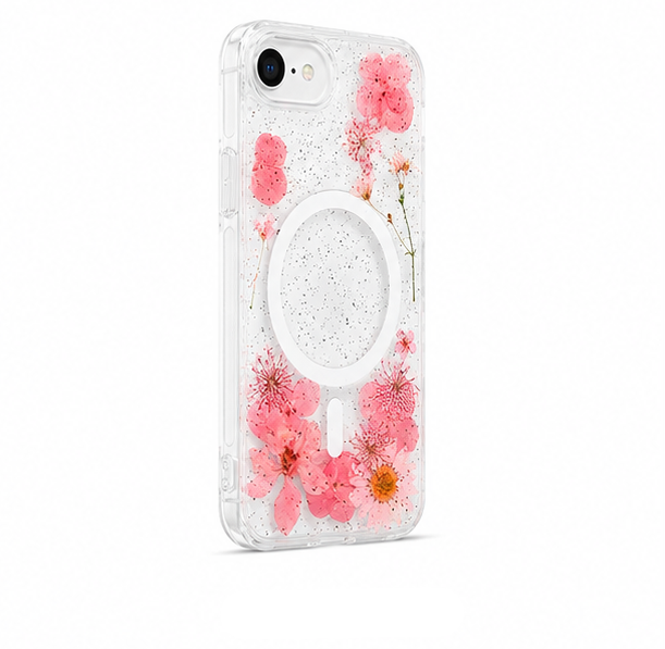 For iPhone 16e Magsafe Floral Clear Case – Pink Flower Glitter Shockproof Protective Cover