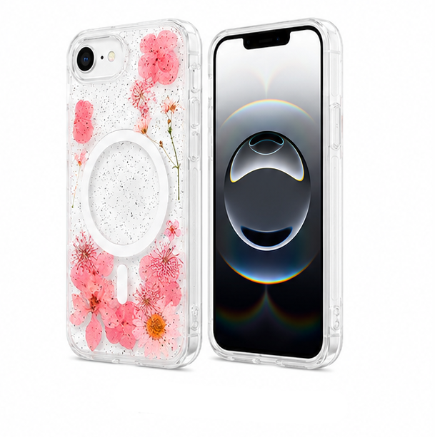 For iPhone 16e Magsafe Floral Clear Case – Pink Flower Glitter Shockproof Protective Cover