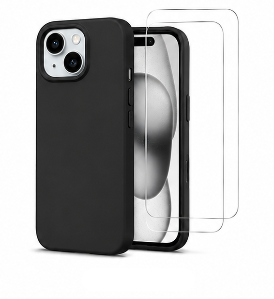 For iPhone 15 Silicone Shockproof Case + 2 Pack Tempered Glass Screen Protectors | Soft Touch Protective Cover | Black