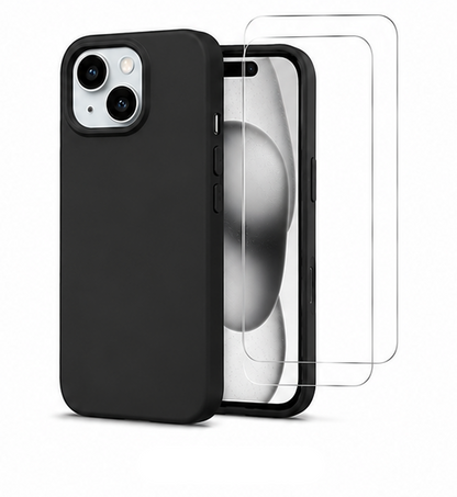 For iPhone 15 Silicone Shockproof Case + 2 Pack Tempered Glass Screen Protectors | Soft Touch Protective Cover | Black