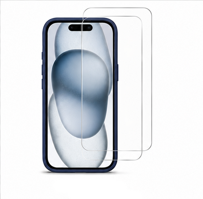 For iPhone 15 Navy Blue Silicone Shockproof Case + 2 Pack Tempered Glass Screen Protectors | Soft Touch Protective Cover | Navy Blue
