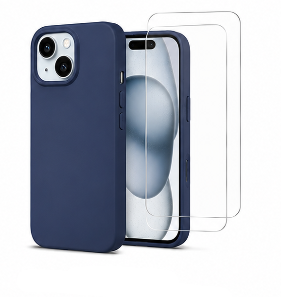 For iPhone 15 Navy Blue Silicone Shockproof Case + 2 Pack Tempered Glass Screen Protectors | Soft Touch Protective Cover | Navy Blue