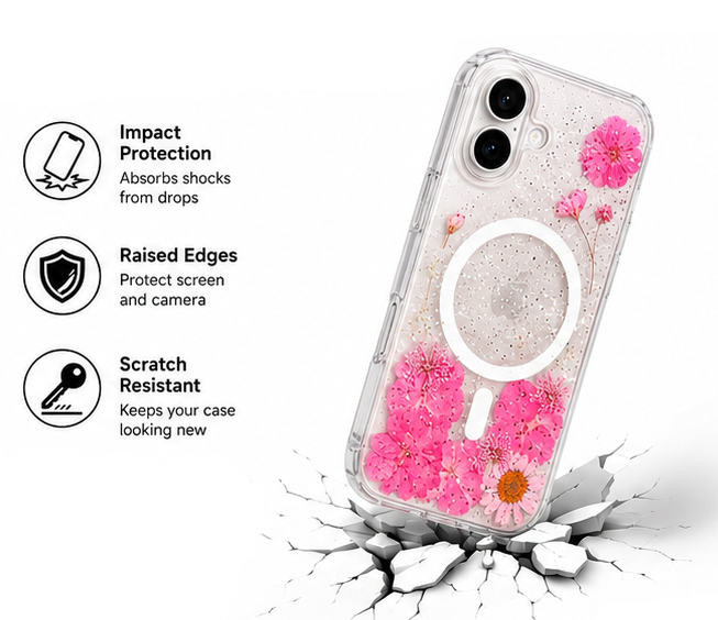 For iPhone 17 Pink Floral MagSafe Clear Case + 2 Pack Tempered Glass Screen Protectors | Shockproof Protective Cover