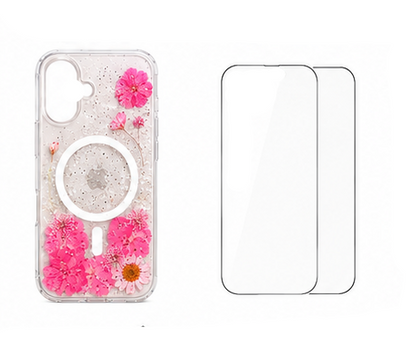 For iPhone 17 Pink Floral MagSafe Clear Case + 2 Pack Tempered Glass Screen Protectors | Shockproof Protective Cover