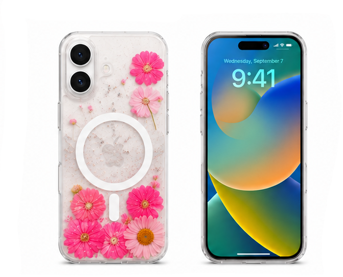 For iPhone 17 Pink Floral MagSafe Clear Case + 2 Pack Tempered Glass Screen Protectors | Shockproof Protective Cover