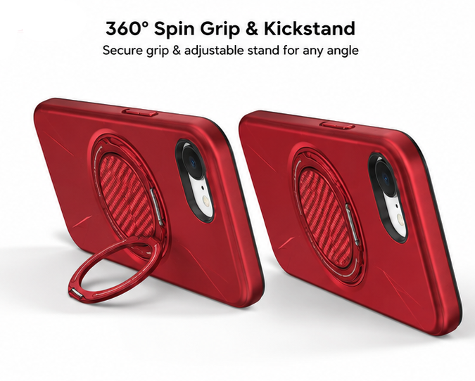 For iPhone 17e MagSafe Red  Spin Grip Ring Stand Case + 2 Pack Tempered Glass Screen Protectors | Shockproof Protective Cover