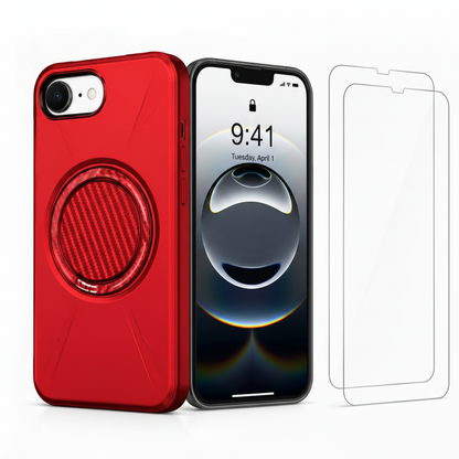 For iPhone 17e MagSafe Red  Spin Grip Ring Stand Case + 2 Pack Tempered Glass Screen Protectors | Shockproof Protective Cover
