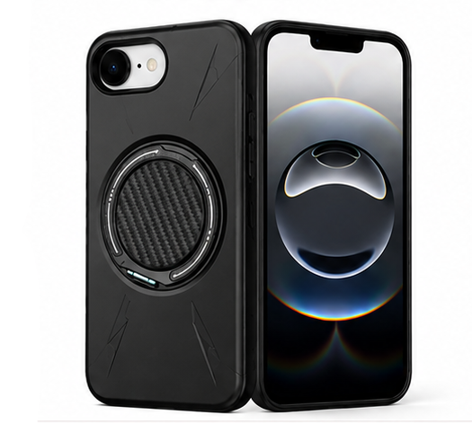 For iPhone 16e MagSafe Black Spin Grip Ring Stand Case + 2 Pack Tempered Glass Screen Protectors | Shockproof Protective Cover