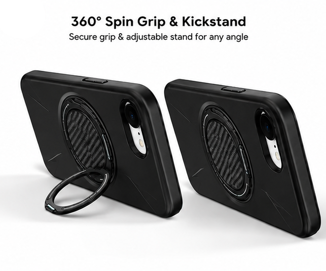 For iPhone 16e MagSafe Black Spin Grip Ring Stand Case + 2 Pack Tempered Glass Screen Protectors | Shockproof Protective Cover