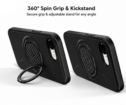 For iPhone 16e MagSafe Black Spin Grip Ring Stand Case + 2 Pack Tempered Glass Screen Protectors | Shockproof Protective Cover