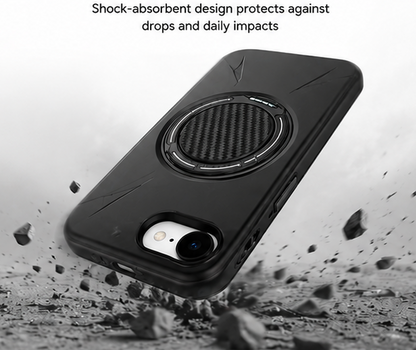 For iPhone 16e MagSafe Black Spin Grip Ring Stand Case + 2 Pack Tempered Glass Screen Protectors | Shockproof Protective Cover