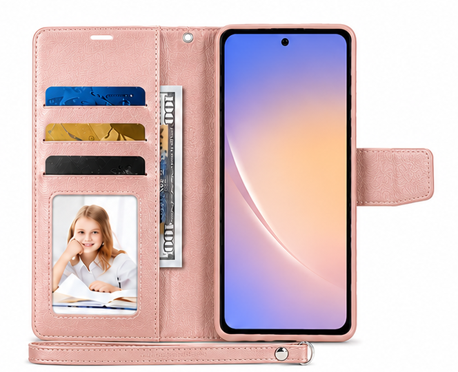 For Samsung Galaxy A57 Wallet Case with Wrist Strap + 2 Pack Tempered Glass Screen Protectors – Rosegold