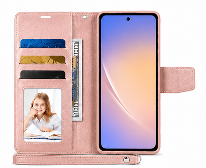 For Samsung Galaxy A57 Wallet Case with Wrist Strap + 2 Pack Tempered Glass Screen Protectors – Rosegold