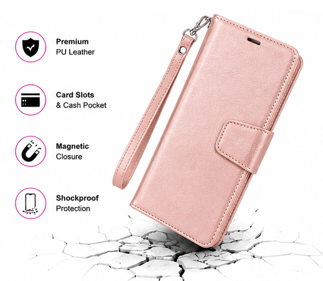 For Samsung Galaxy A57 Wallet Case with Wrist Strap + 2 Pack Tempered Glass Screen Protectors – Rosegold