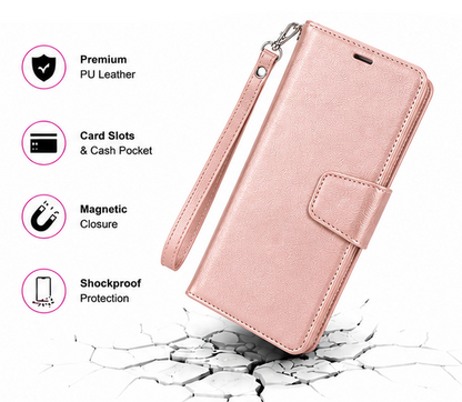 For Samsung Galaxy A57 Wallet Case with Wrist Strap + 2 Pack Tempered Glass Screen Protectors – Rosegold
