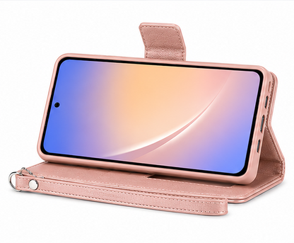 For Samsung Galaxy A57 Wallet Case with Wrist Strap + 2 Pack Tempered Glass Screen Protectors – Rosegold