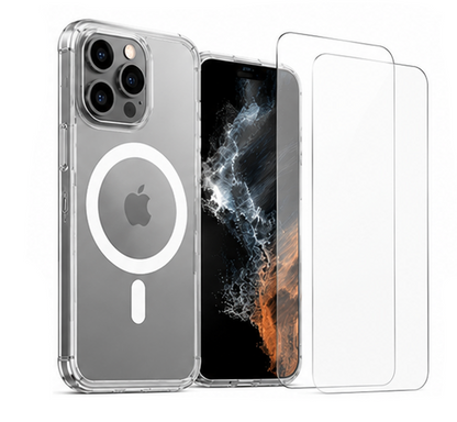 For iPhone 15 Pro Max Clear MagSafe Case + 2 Pack 9H Tempered Glass Screen Protectors Bundle Shockproof Crystal Clear Protective Cover